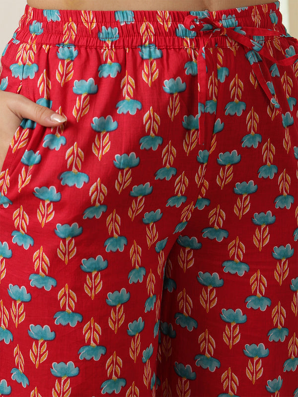 Pink Cotton Calf Length Printed V-Neck Semi-Flared Kurta Palazzo Set