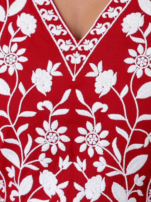 Maroon Rayon Hip Length Solid V-Neck Solid Embroidered Semi-Flared Top
