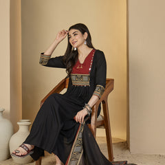 Gulmohar Jaipur Rayon Calf Length Solid 3/4 Sleeves V-Neck Flared Kurta Suit Set