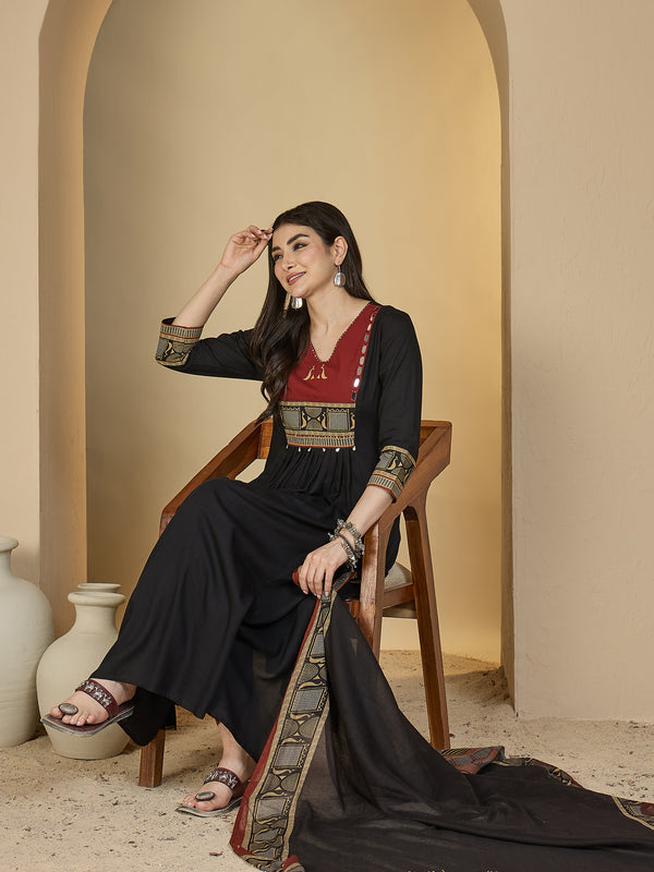 Gulmohar Jaipur Rayon Calf Length Solid 3/4 Sleeves V-Neck Flared Kurta Suit Set