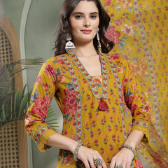 Cotton Calf Length Printed 3/4 Sleeves V-Neck Flared Kurta Suit Set