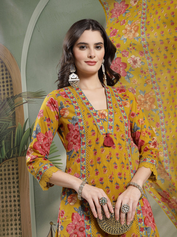 Cotton Calf Length Printed 3/4 Sleeves V-Neck Flared Kurta Suit Set