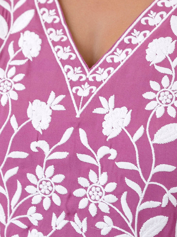 Lavender Rayon Hip Length Solid V-Neck Solid Embroidered Semi-Flared Top