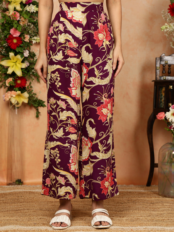 Purple Rayon Calf Length Printed Mandarin Neck Straight Kurta Palazzo Set