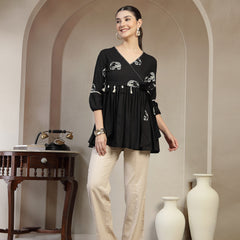 Gulmohar Jaipur Rayon Hip Length Printed 3/4 Sleeves V-Neck Flared Top