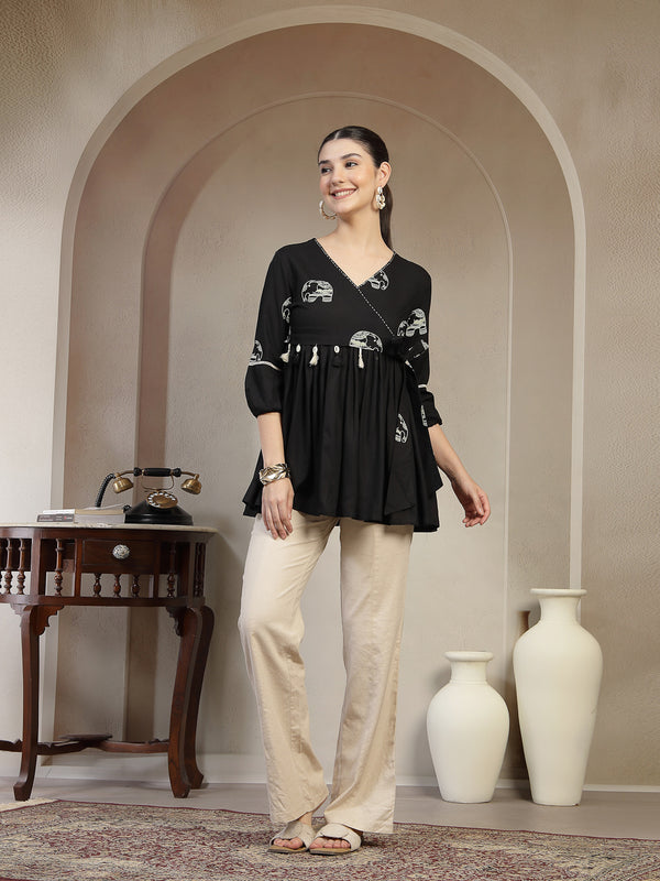 Gulmohar Jaipur Rayon Hip Length Printed 3/4 Sleeves V-Neck Flared Top