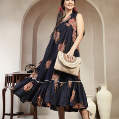 Gulmohar Jaipur Cotton Calf Length Printed Sleeveless Collard Neck Flared Kurta