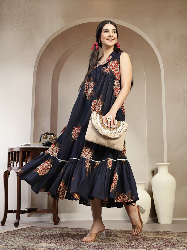 Gulmohar Jaipur Cotton Calf Length Printed Sleeveless Collard Neck Flared Kurta