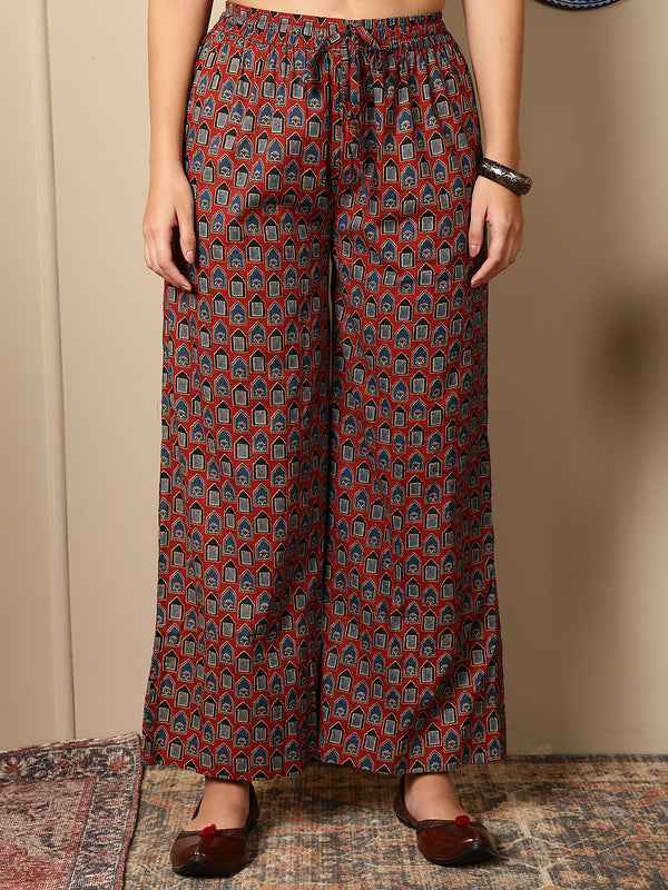 Maroon Cotton Calf Length Printed Round Neck Anarkali Kurta Suit Set