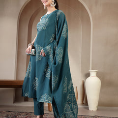 Gulmohar Jaipur Cotton Calf Length Printed Sleeveless Round Neck Straight Kurta Suit Set