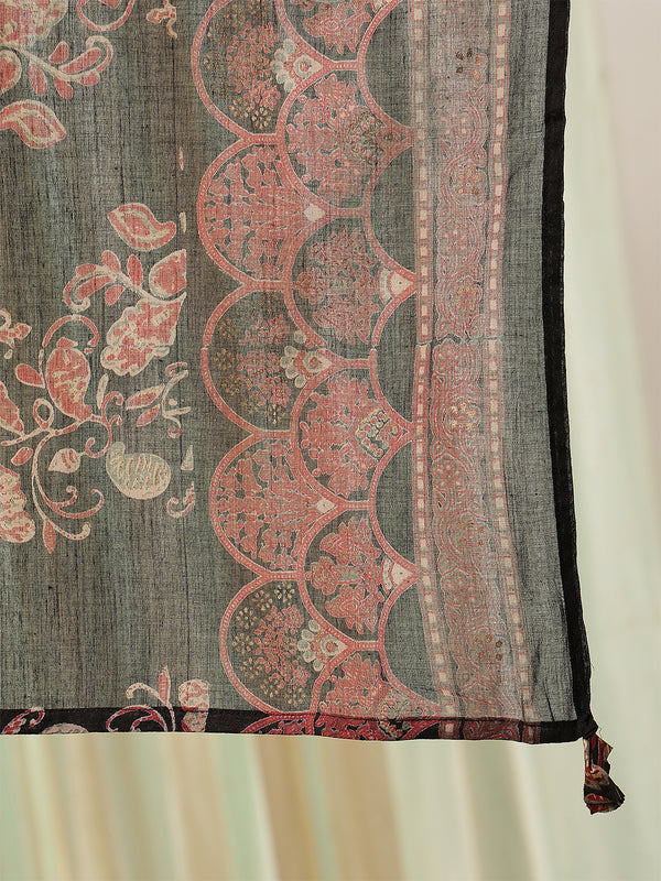 Black Cotton Calf Length Printed Round Neck Anarkali Kurta Suit Set