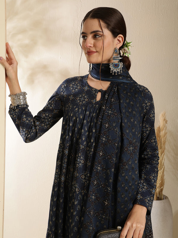 Maroon Pure Cotton Printed Keyhole Neck Anarkali Kurta Suit Set