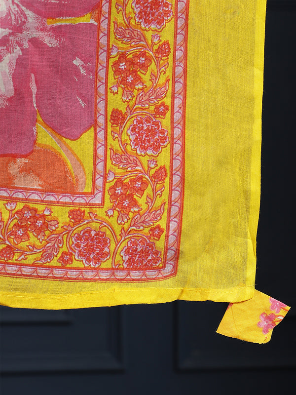 Yellow Cotton Calf Length Printed V-Neck Flared Kurta Suit Set