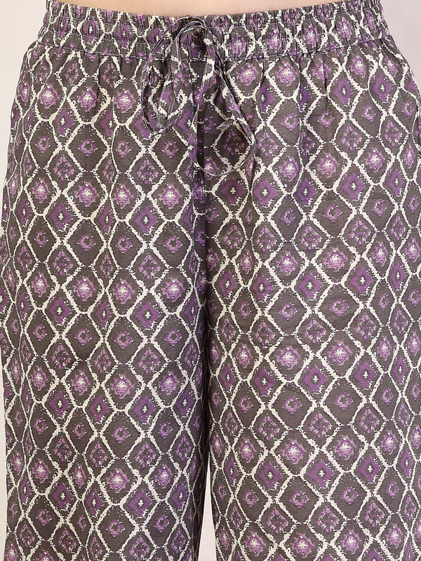 Purple Cotton Calf Length Printed V-Neck Flared Kurta Suit Set