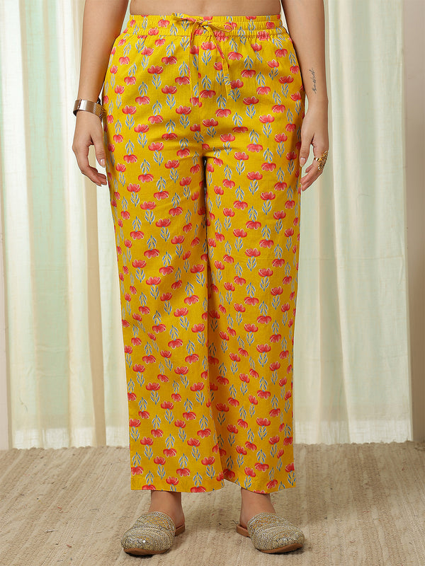 Yellow Cotton Calf Length Printed V-Neck Semi-Flared Kurta Palazzo Set