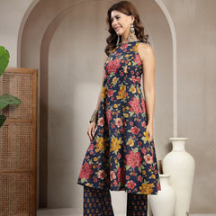 Cotton Calf Length Printed Sleeveless Round Neck Flared Kurta Suit Set