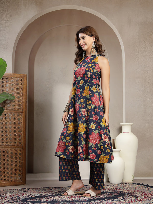 Cotton Calf Length Printed Sleeveless Round Neck Flared Kurta Suit Set