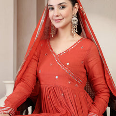 Gulmohar Jaipur Malmal Calf Length Solid Full Sleeves Anrakha Neck Anarkali Kurta Suit Set