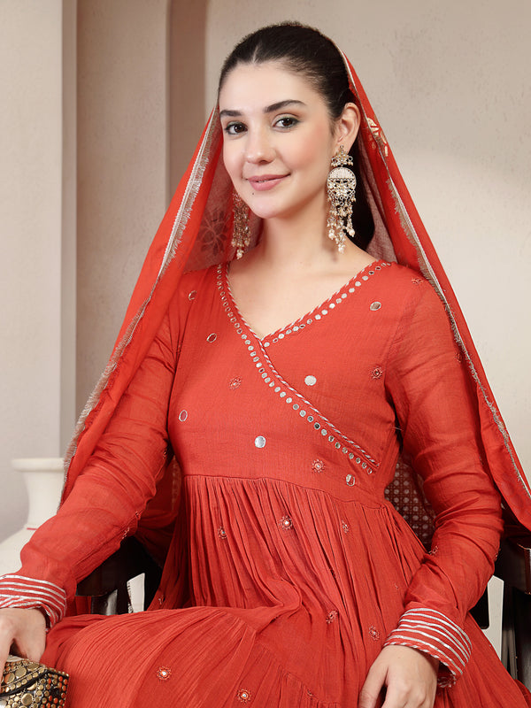 Gulmohar Jaipur Malmal Calf Length Solid Full Sleeves Anrakha Neck Anarkali Kurta Suit Set