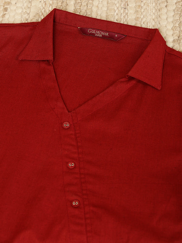 Maroon Cotton Flex Short/Hip Length Solid Shirt Coller Asymmetrical Top