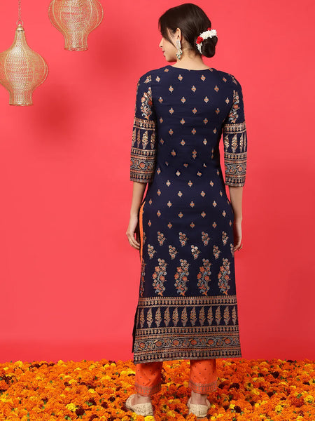 Navy Blue Printed Straight Rayon Kurta Suit Set