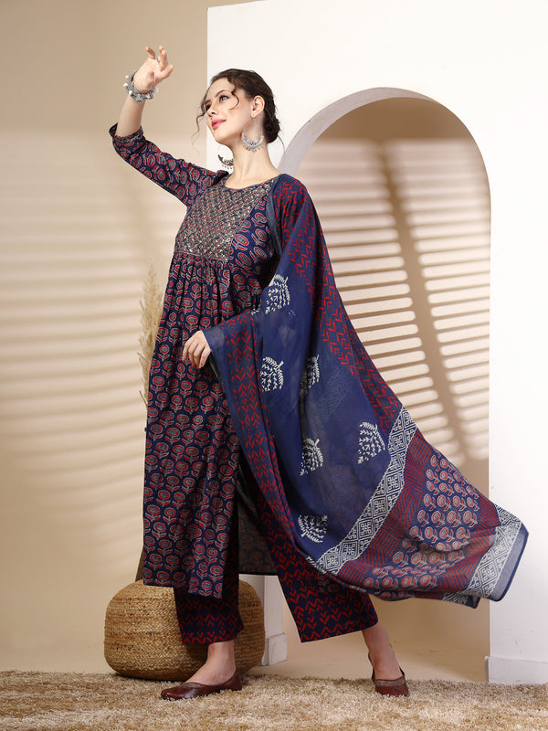 Blue Cotton Calf Length Printed Round Neck Flared Kurta Suit Set