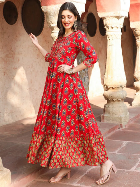 Maroon Block Printed Embroidered Flared Kurta