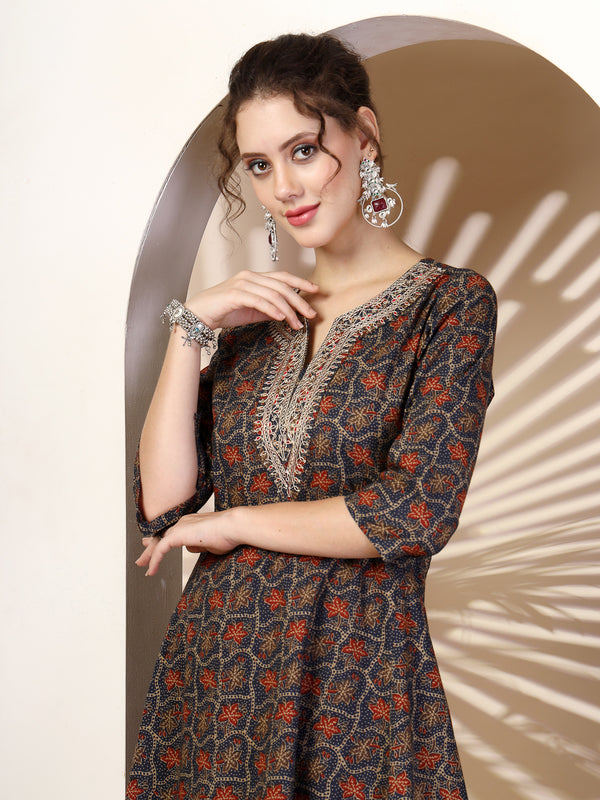 Navy Cotton Calf Length Printed Round Neck Asymmetric Kurta Palazzo Set