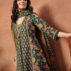 Cotton Calf Length Printed 3/4 Sleeves V-Neck Flared Kurta Suit Set