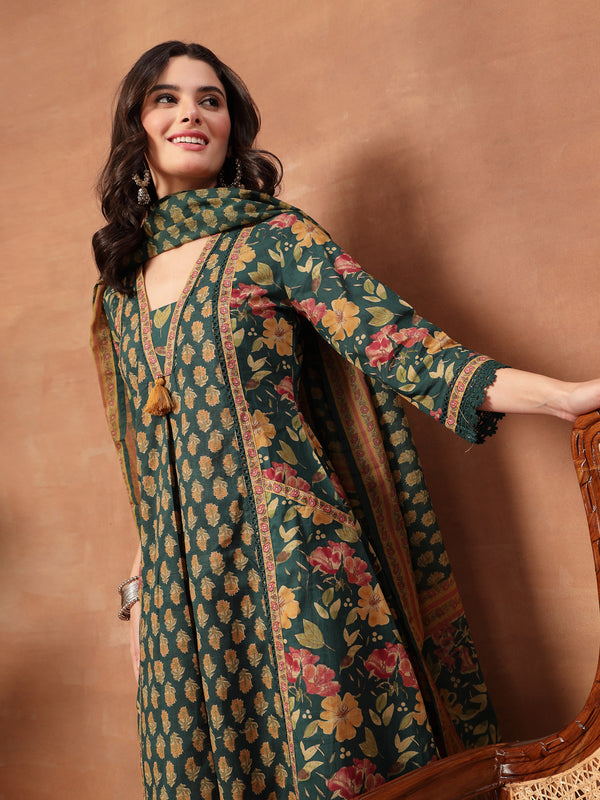 Cotton Calf Length Printed 3/4 Sleeves V-Neck Flared Kurta Suit Set