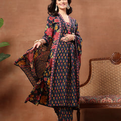 Cotton Calf Length Printed 3/4 Sleeves V-Neck Flared Kurta Suit Set