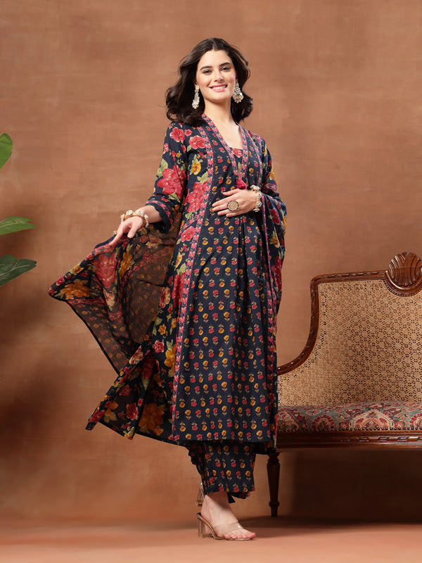 Cotton Calf Length Printed 3/4 Sleeves V-Neck Flared Kurta Suit Set