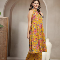 Cotton Calf Length Printed Sleeveless Round Neck Flared Kurta Suit Set