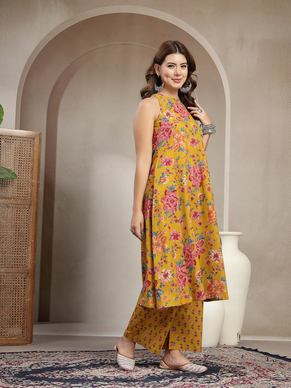 Cotton Calf Length Printed Sleeveless Round Neck Flared Kurta Suit Set