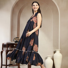 Gulmohar Jaipur Cotton Calf Length Printed Sleeveless Collard Neck Flared Kurta