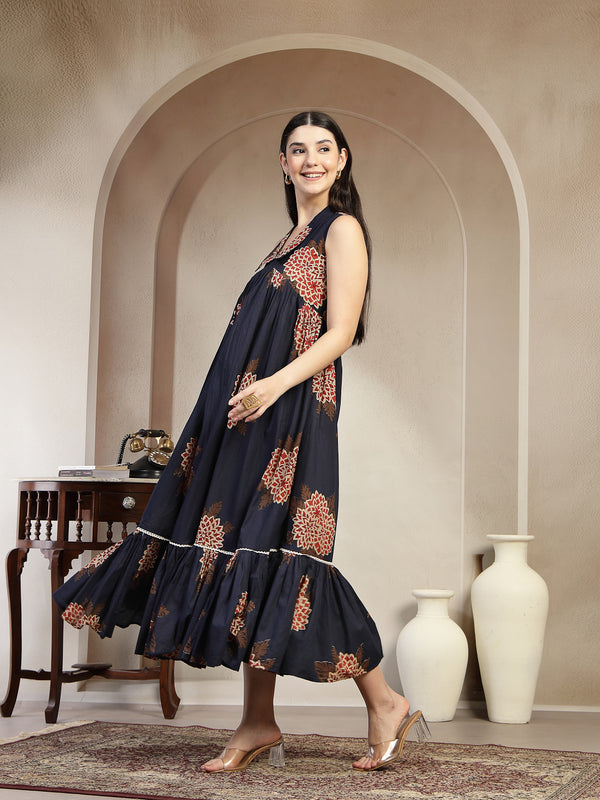 Gulmohar Jaipur Cotton Calf Length Printed Sleeveless Collard Neck Flared Kurta