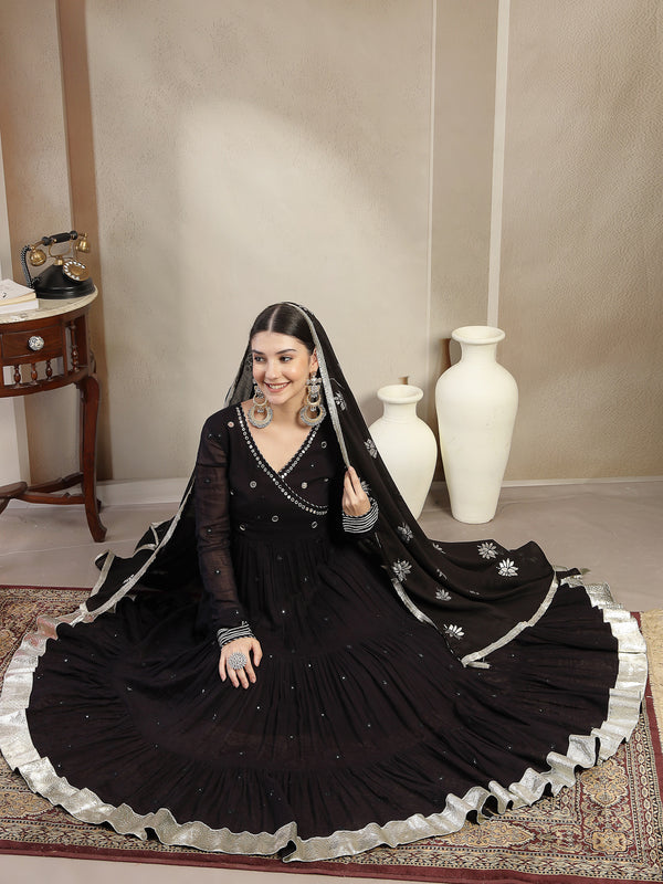 Gulmohar Jaipur Malmal Calf Length Solid Full Sleeves Anrakha Neck Anarkali Kurta Suit Set