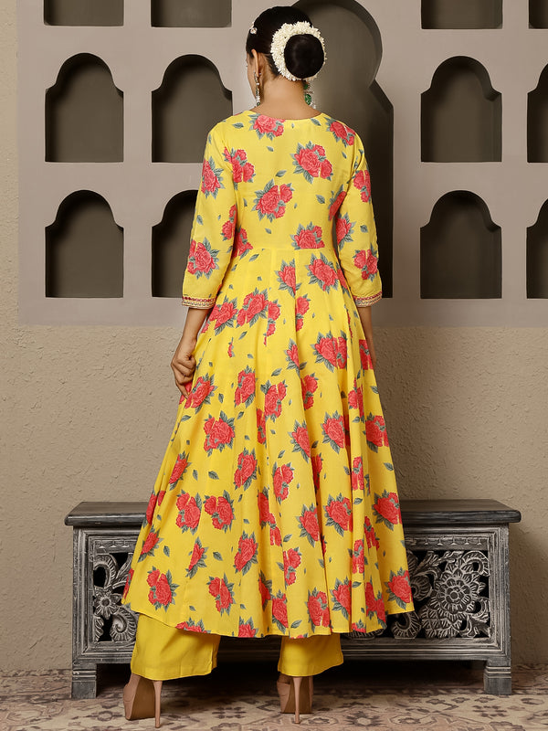 Lemon Rayon Calf Length Printed V-Neck Anarkali Kurta Suit Set