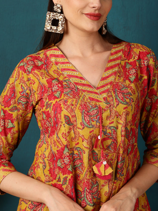 Cotton  Calf length Length Floral  Semi-Flared 3/4 Sleeves V  Kurta Bottom Dupatta Set