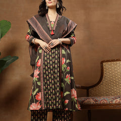 Cotton Calf Length Printed 3/4 Sleeves V-Neck Flared Kurta Suit Set