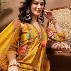 Cotton Calf Length Printed 3/4 Sleeves V-Neck Flared Kurta Suit Set