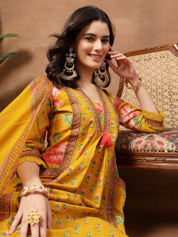 Cotton Calf Length Printed 3/4 Sleeves V-Neck Flared Kurta Suit Set