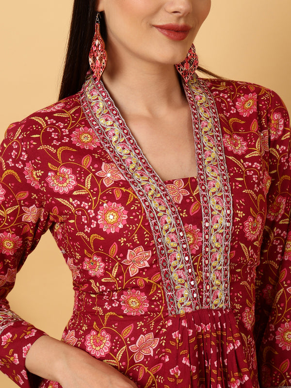 Maroon Calf Length Floral Print Flared V-Neck Kurta Suit Set