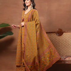 Cotton Calf Length Printed 3/4 Sleeves V-Neck Flared Kurta Suit Set