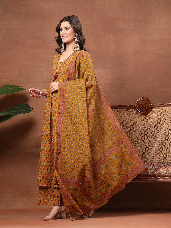 Cotton Calf Length Printed 3/4 Sleeves V-Neck Flared Kurta Suit Set