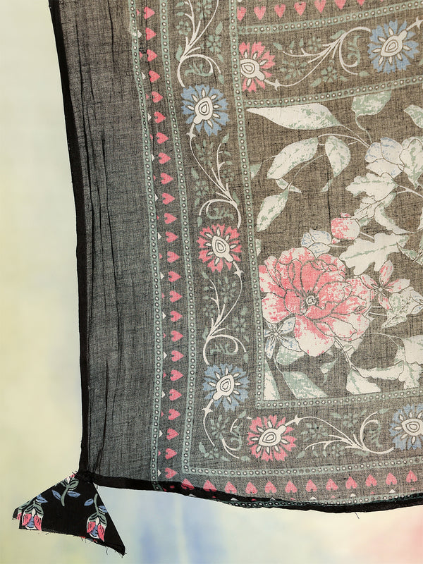 Black Pure Cotton Printed Embroidered Anarkali Kurta Suit Set