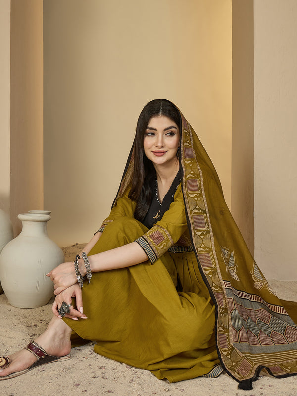 Gulmohar Jaipur Rayon Calf Length Solid 3/4 Sleeves V-Neck Flared Kurta Suit Set