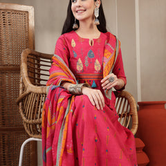 Gulmohar Jaipur Rayon Calf Length Printed 3/4 Sleeves Round Neck A-Line Kurta Suit Set