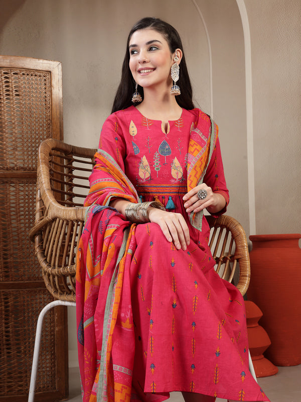 Gulmohar Jaipur Rayon Calf Length Printed 3/4 Sleeves Round Neck A-Line Kurta Suit Set