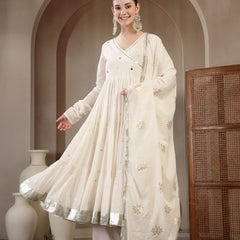 Gulmohar Jaipur Malmal Calf Length Solid Full Sleeves Anrakha Neck Anarkali Kurta Suit Set